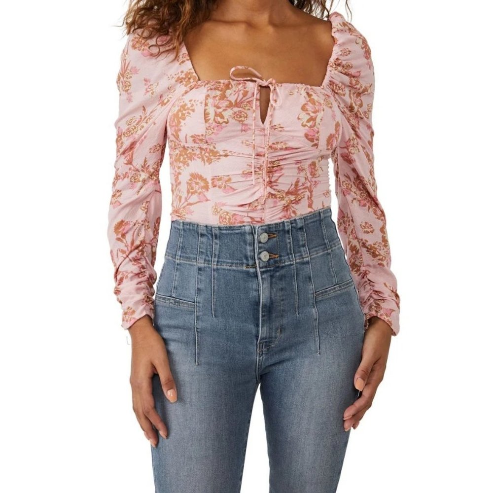 Free People NWT Hilary Top Size Large Pink Floral Combo